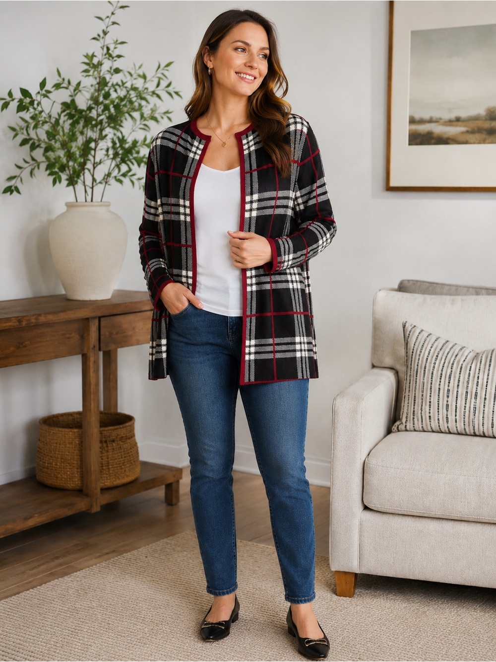 Kasper Women's Black Red Plaid Open-Front Cardigan Sweater Plus Size 1X NWT